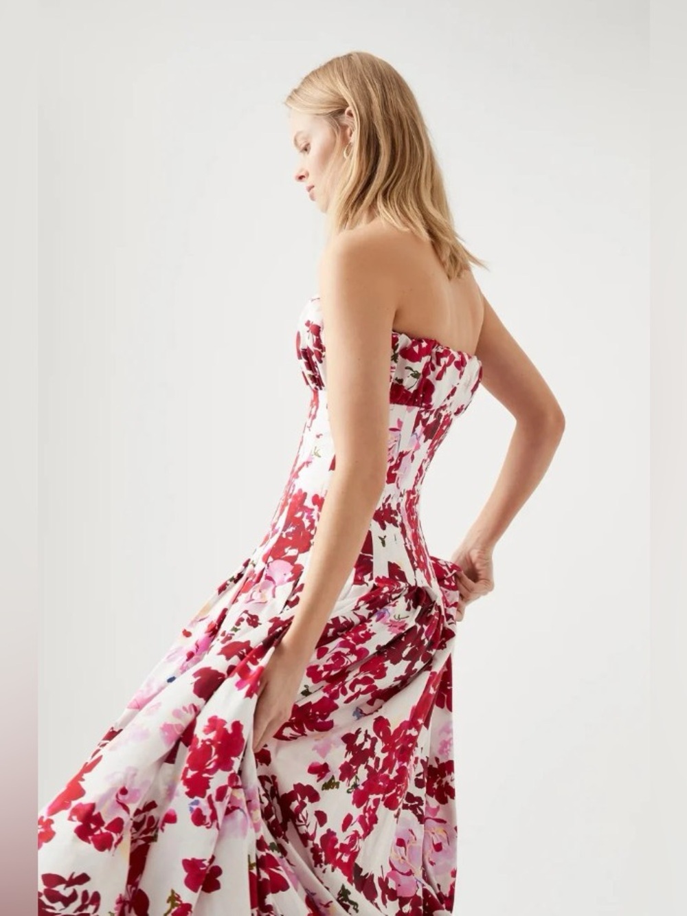 Aje Mathilda Pink FloralPrinted White Panel Bubble Hem Strapless Dress AU10/US6 - Picture 3 of 10